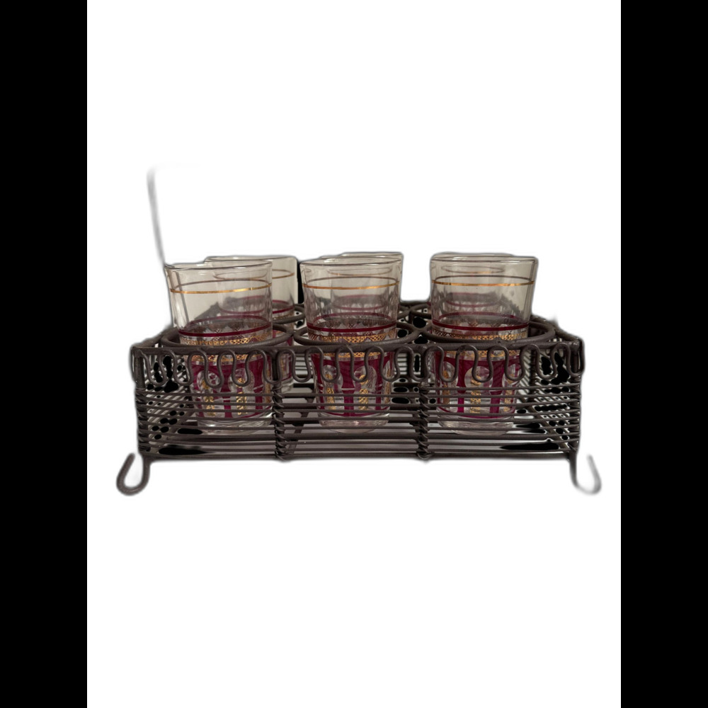 Mid Century True Vintage Italian CERVE set of 6 Glasses in Wrought Iron Basket
